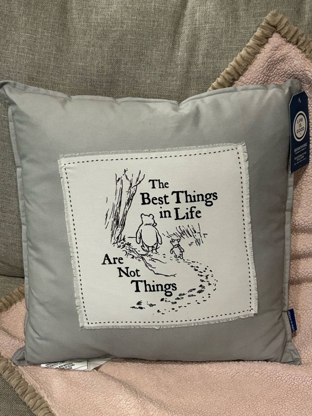 Berkshire X Life is Good Winnie the Pooh 18x18 Pillow Gray Beige Cotton Case NEW